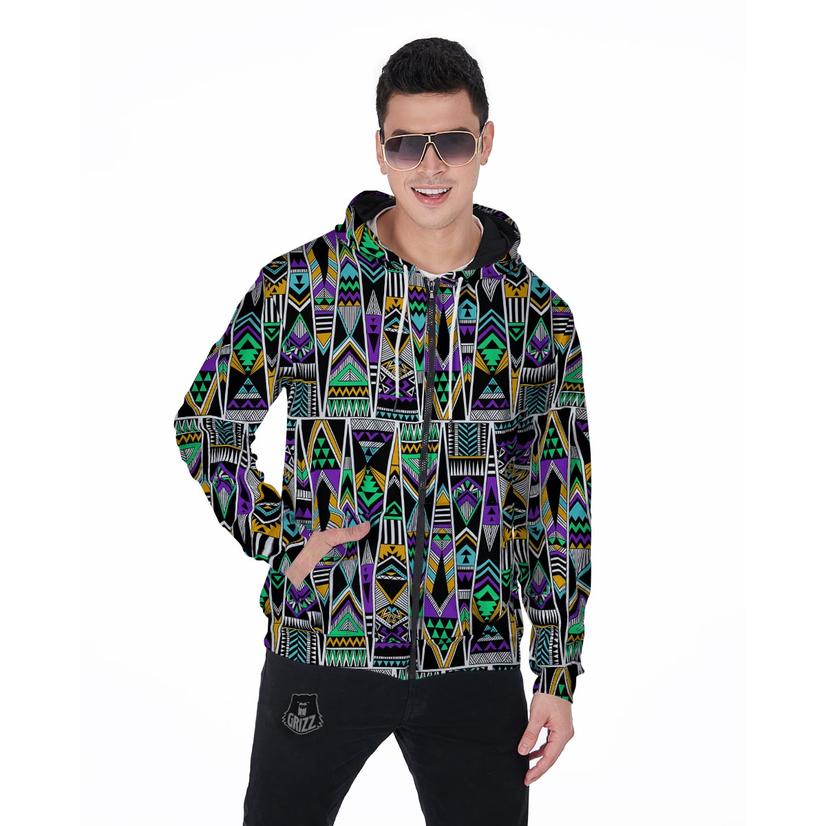 Multicolor Native Aztec Vintage Trippy Men's Zip Up Hoodie-grizzshop