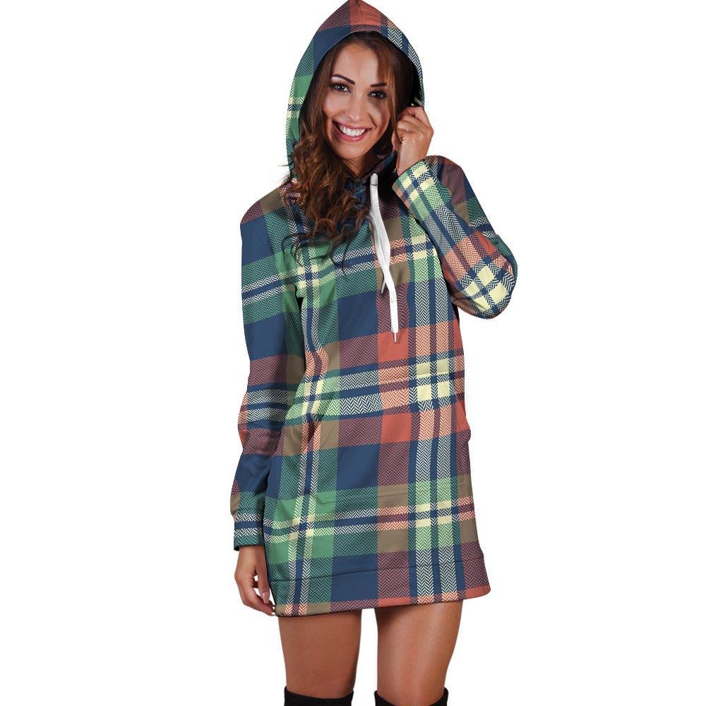 Multicolor Plaid Tartan Hoodie Dress-grizzshop