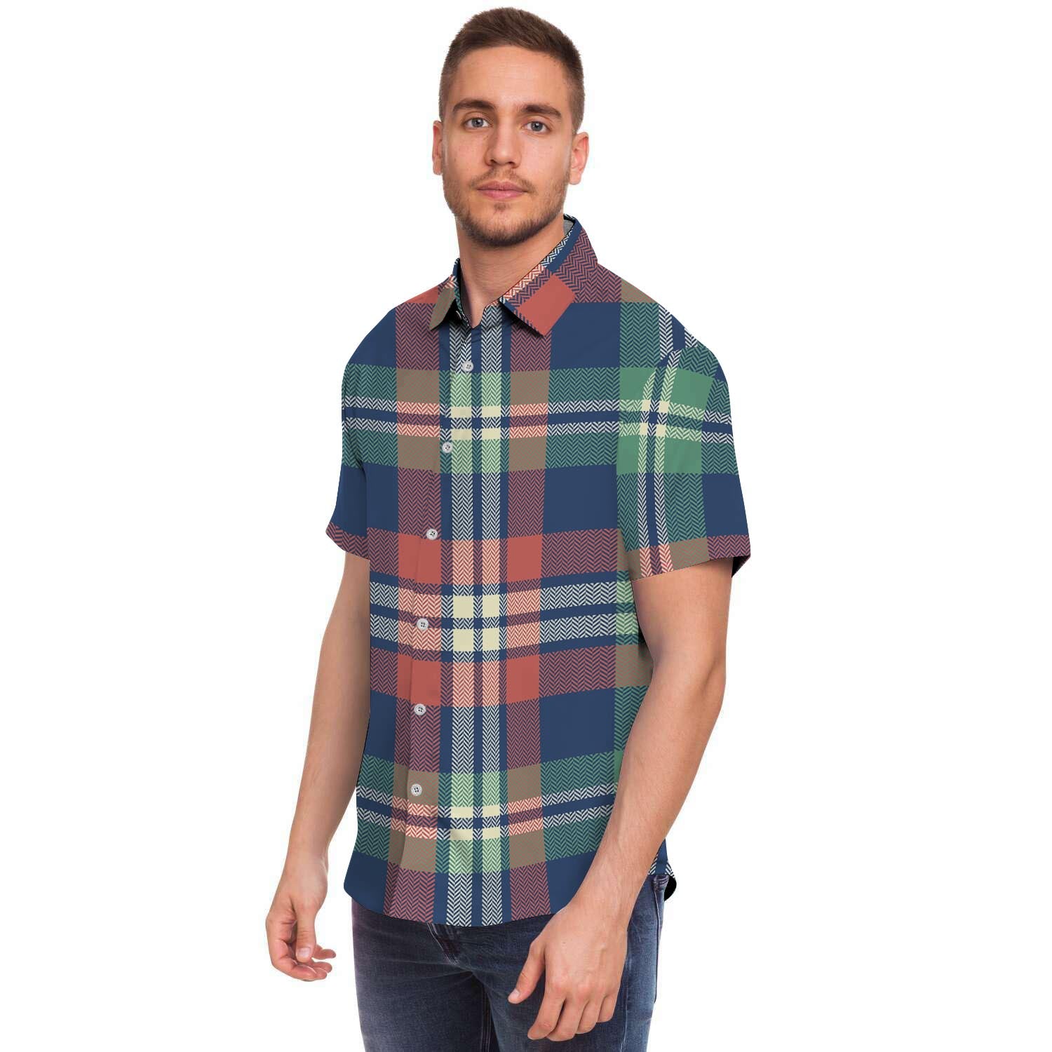 Multicolor Plaid Tartan Men's Short Sleeve Shirt-grizzshop