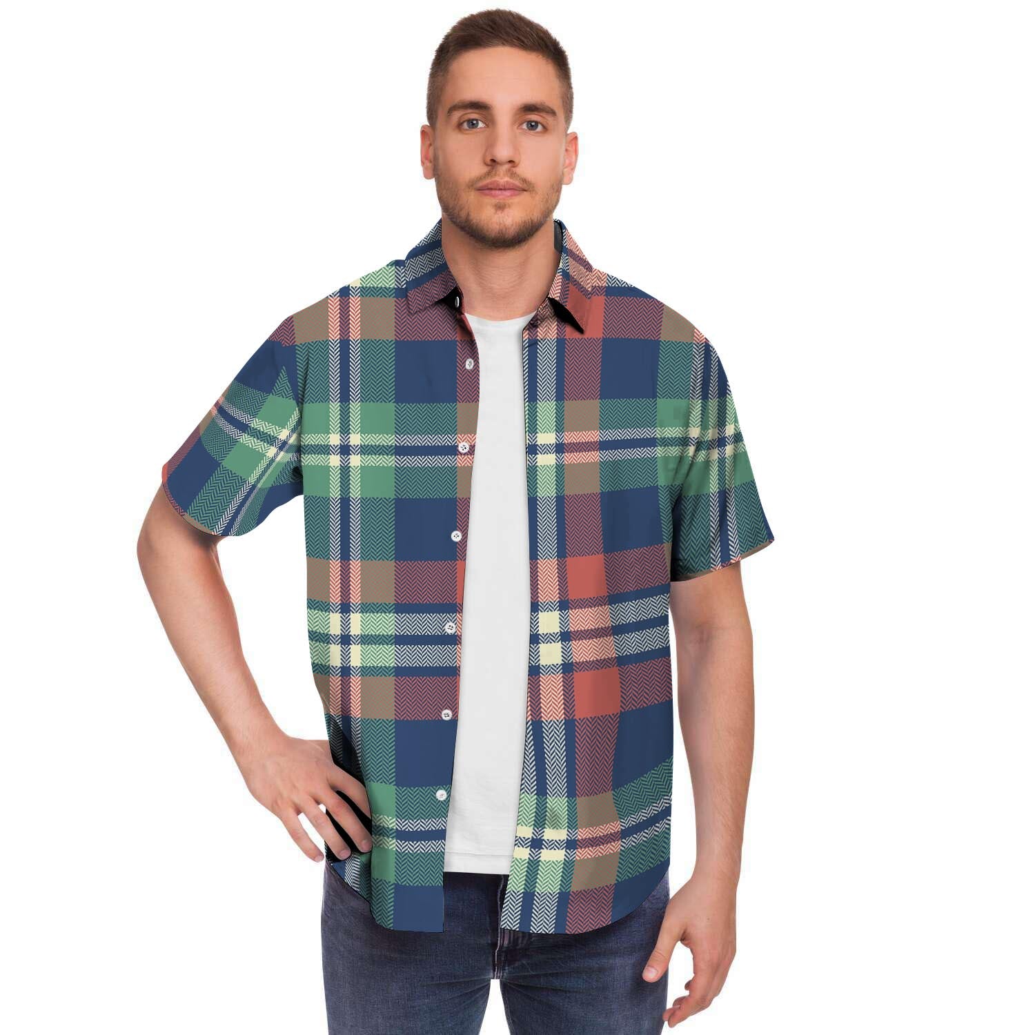 Multicolor Plaid Tartan Men's Short Sleeve Shirt-grizzshop