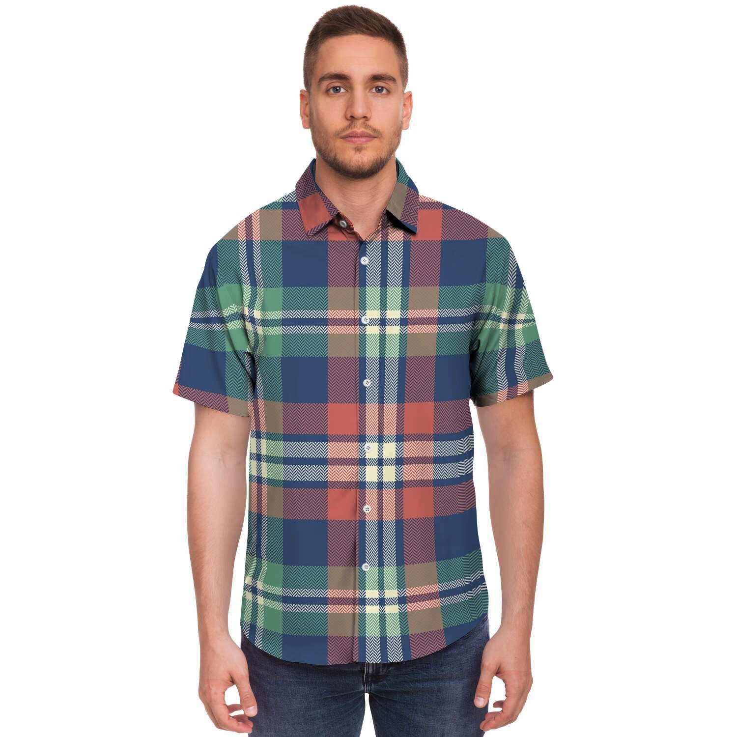 Multicolor Plaid Tartan Men's Short Sleeve Shirt-grizzshop