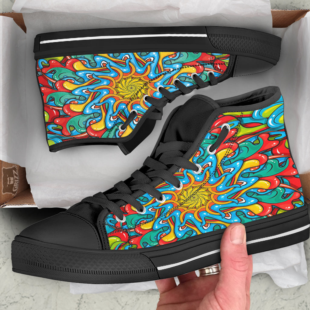 Multicolor Psychedelic Hippie Print Black High Top Shoes-grizzshop