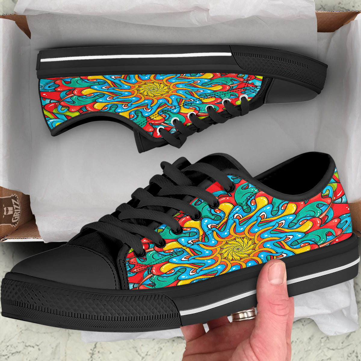 Multicolor Psychedelic Hippie Print Black Low Top Shoes-grizzshop