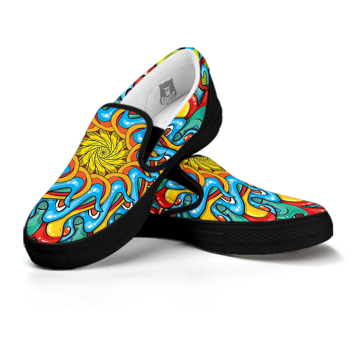 Multicolor Psychedelic Hippie Print Black Slip On Shoes-grizzshop
