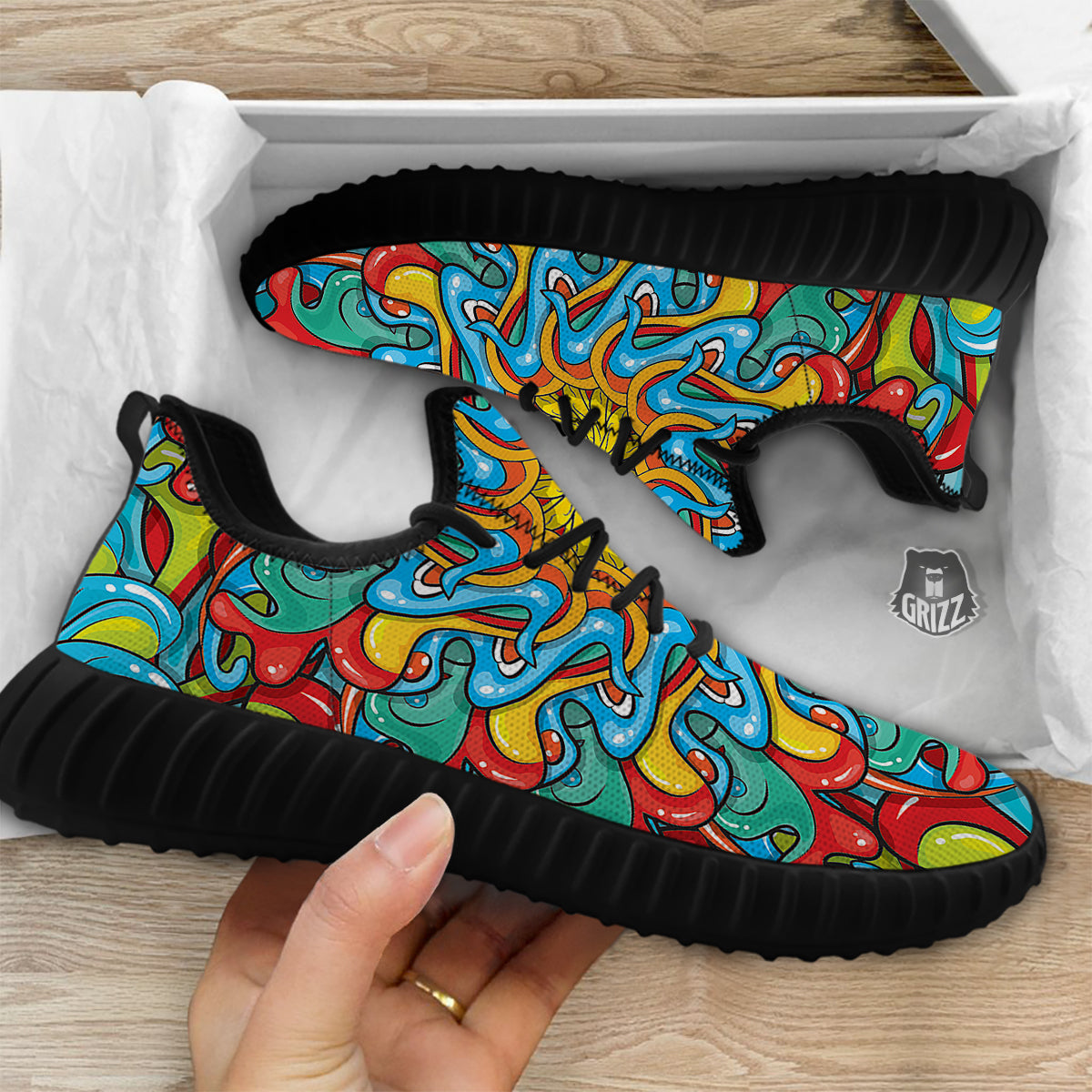 Multicolor Psychedelic Hippie Print Black Walking Shoes-grizzshop