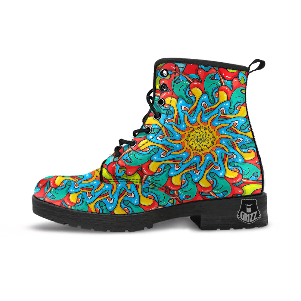 Multicolor Psychedelic Hippie Print Leather Boots-grizzshop