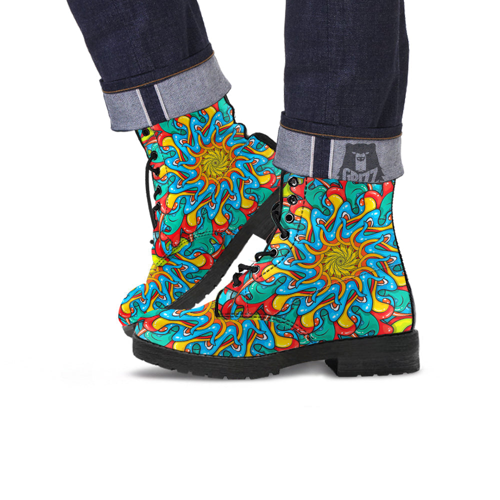 Multicolor Psychedelic Hippie Print Leather Boots-grizzshop