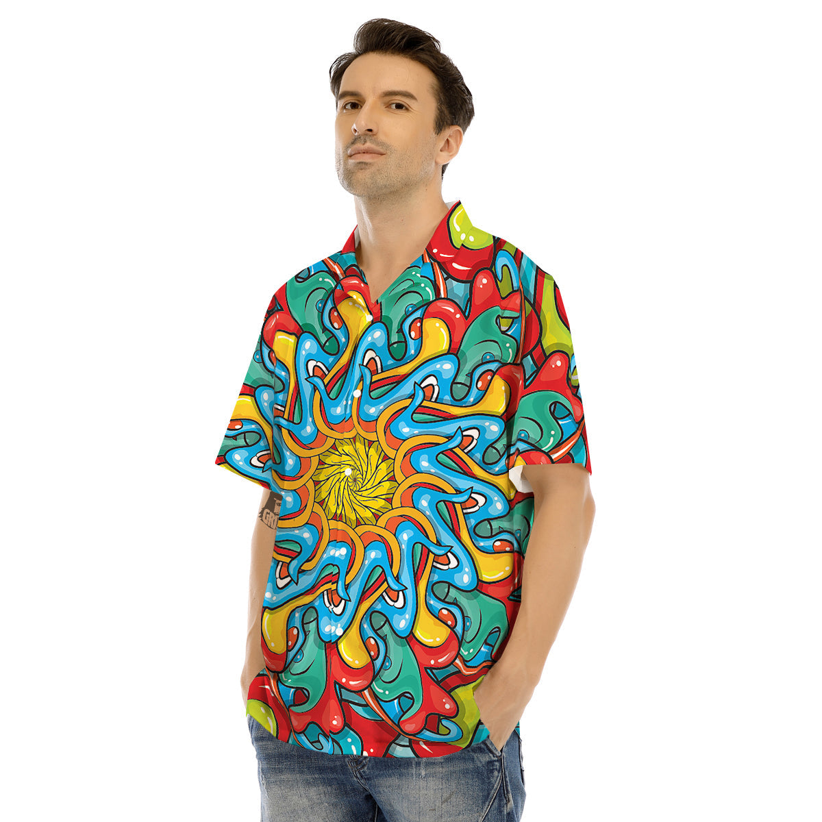 Multicolor Psychedelic Hippie Print Men's Hawaiian Shirt-grizzshop