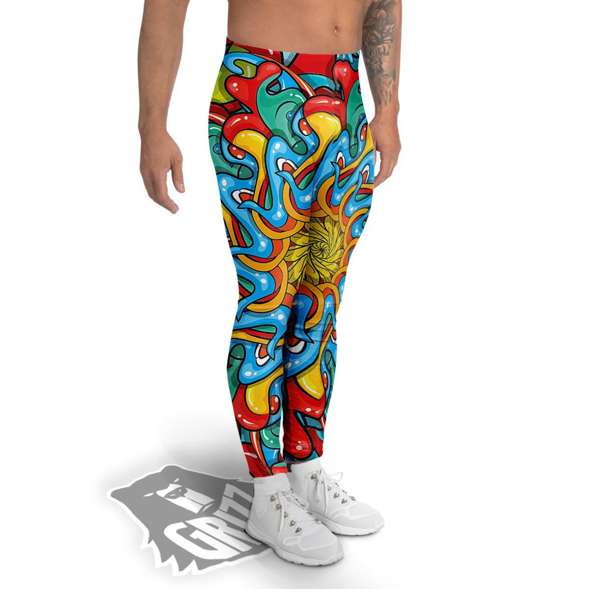 Multicolor Psychedelic Hippie Print Men's Leggings-grizzshop