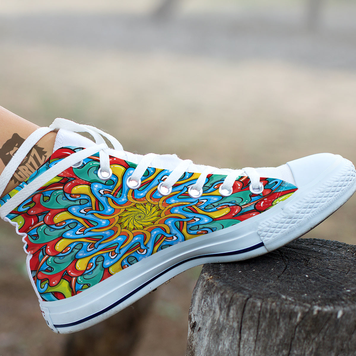 Multicolor Psychedelic Hippie Print White High Top Shoes-grizzshop