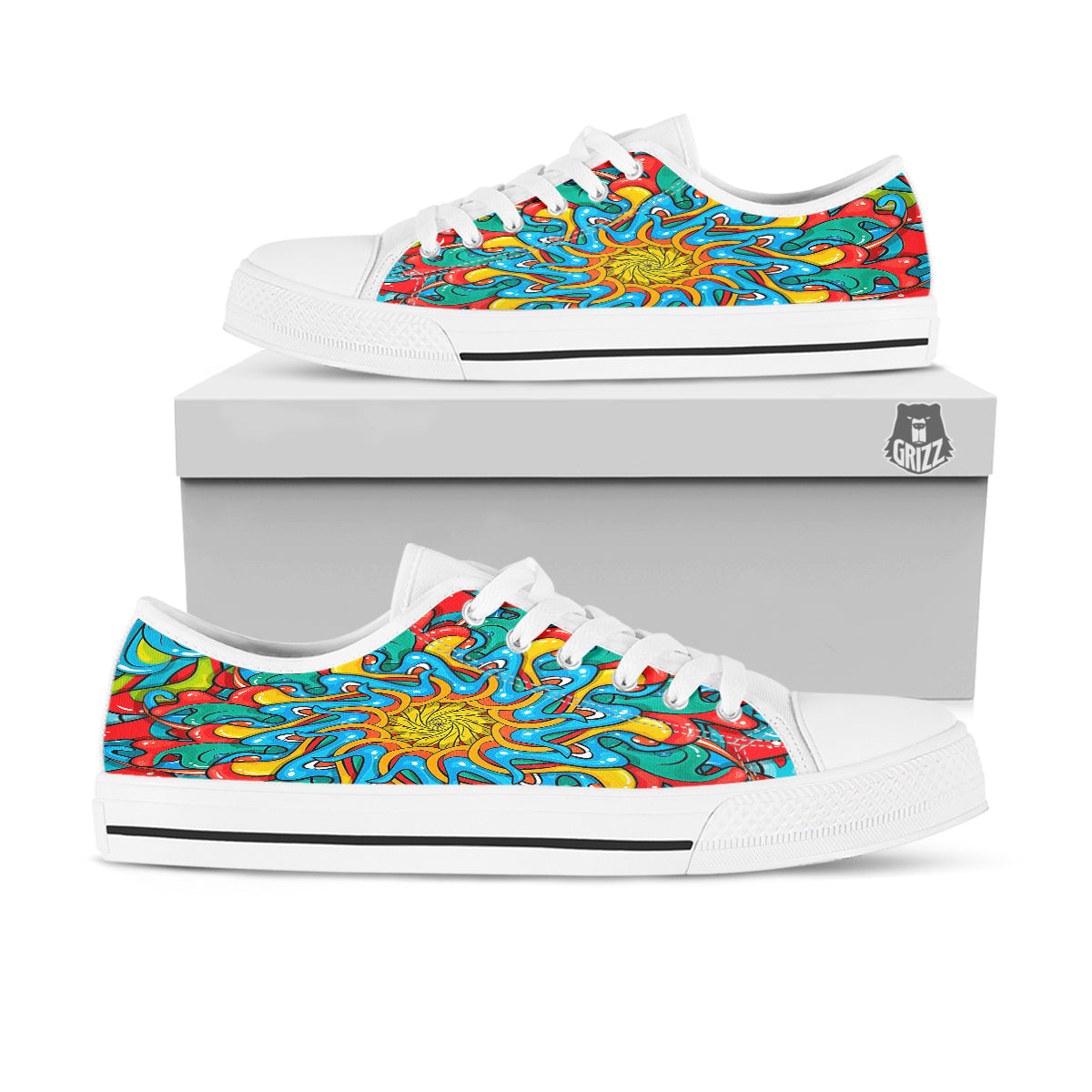 Multicolor Psychedelic Hippie Print White Low Top Shoes-grizzshop