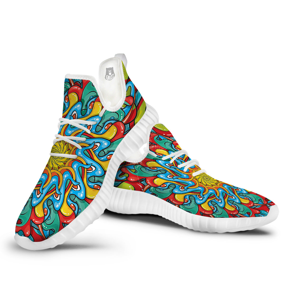 Multicolor Psychedelic Hippie Print White Walking Shoes-grizzshop
