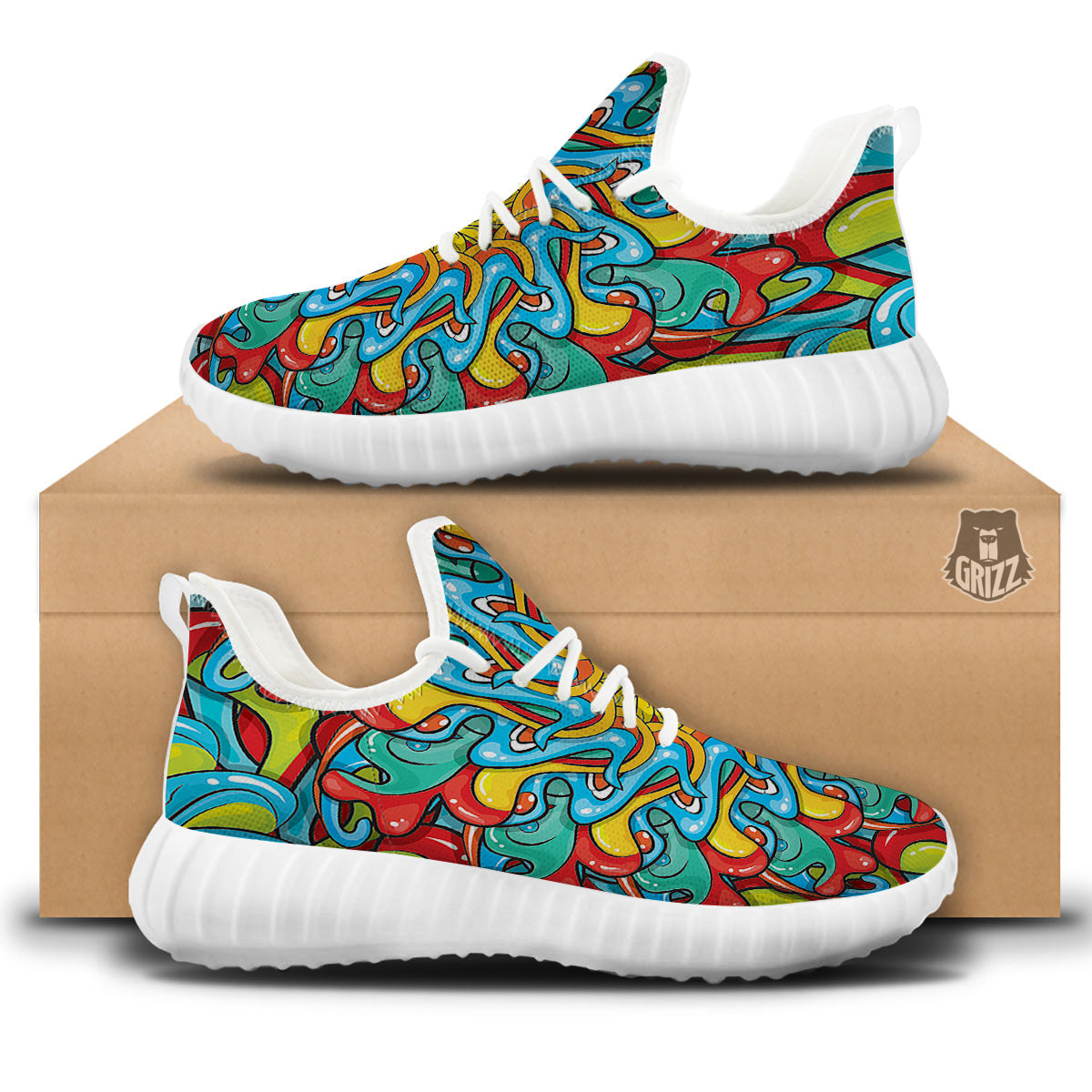 Multicolor Psychedelic Hippie Print White Walking Shoes-grizzshop