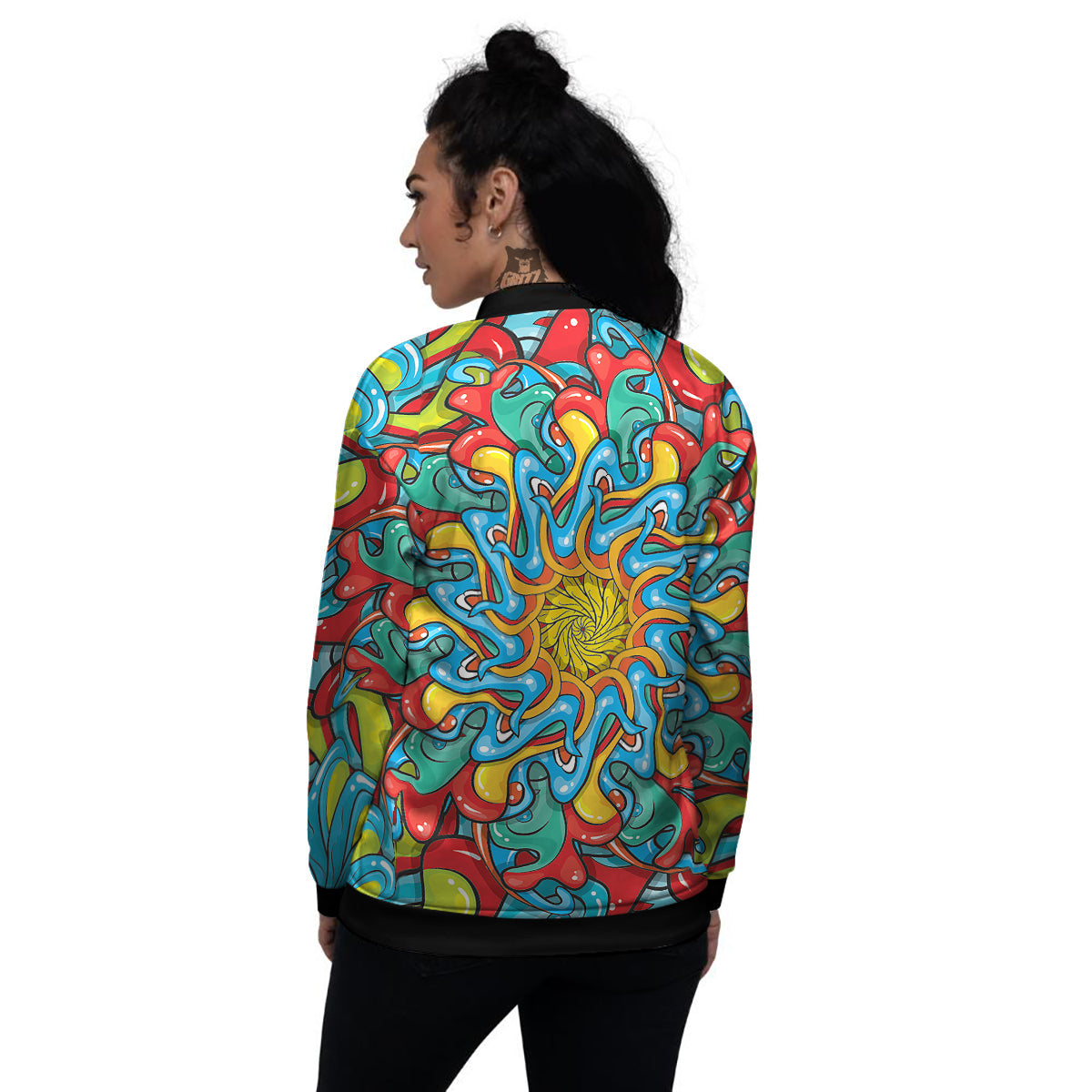 Multicolor Psychedelic Hippie Print Women's Bomber Jacket-grizzshop
