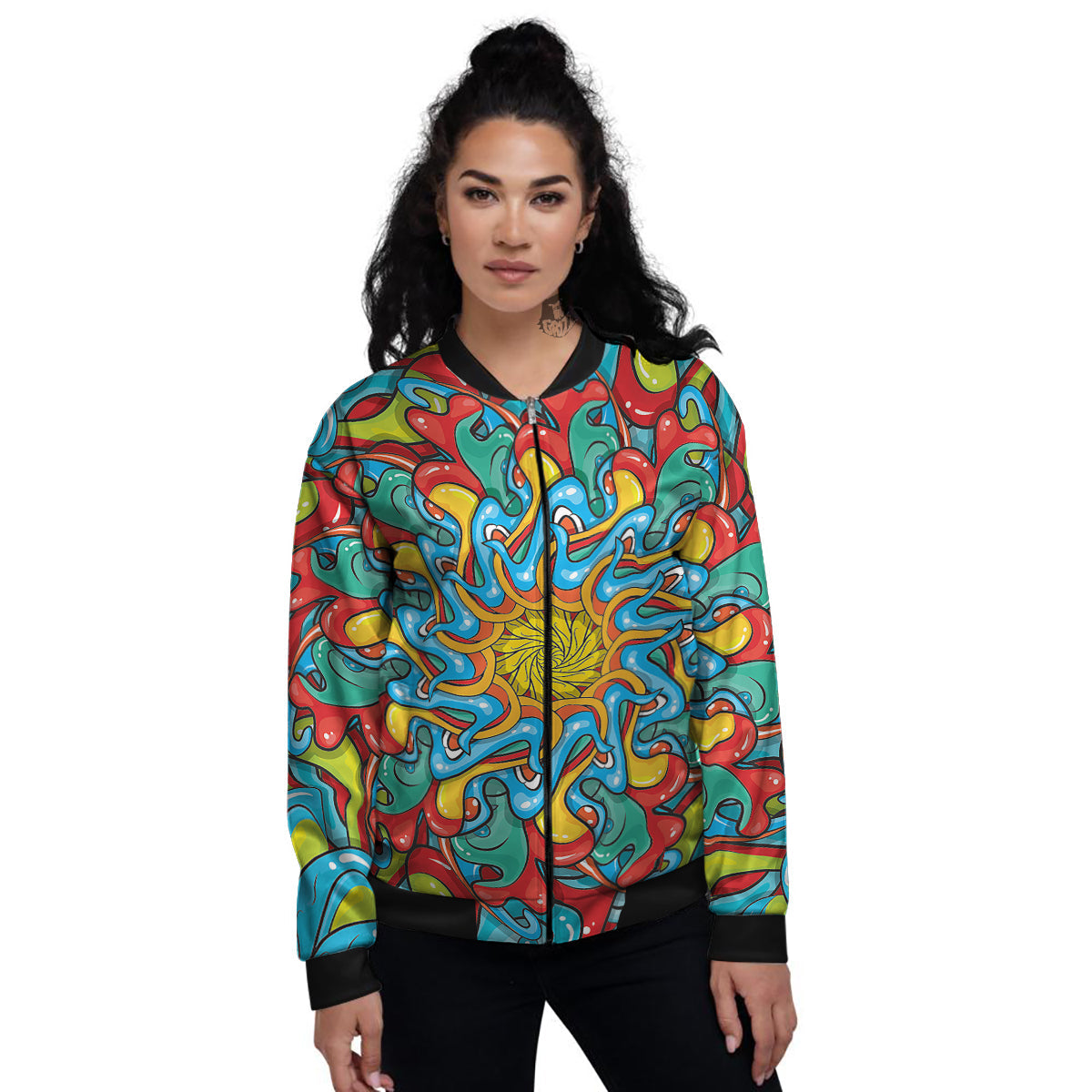 Multicolor Psychedelic Hippie Print Women's Bomber Jacket-grizzshop