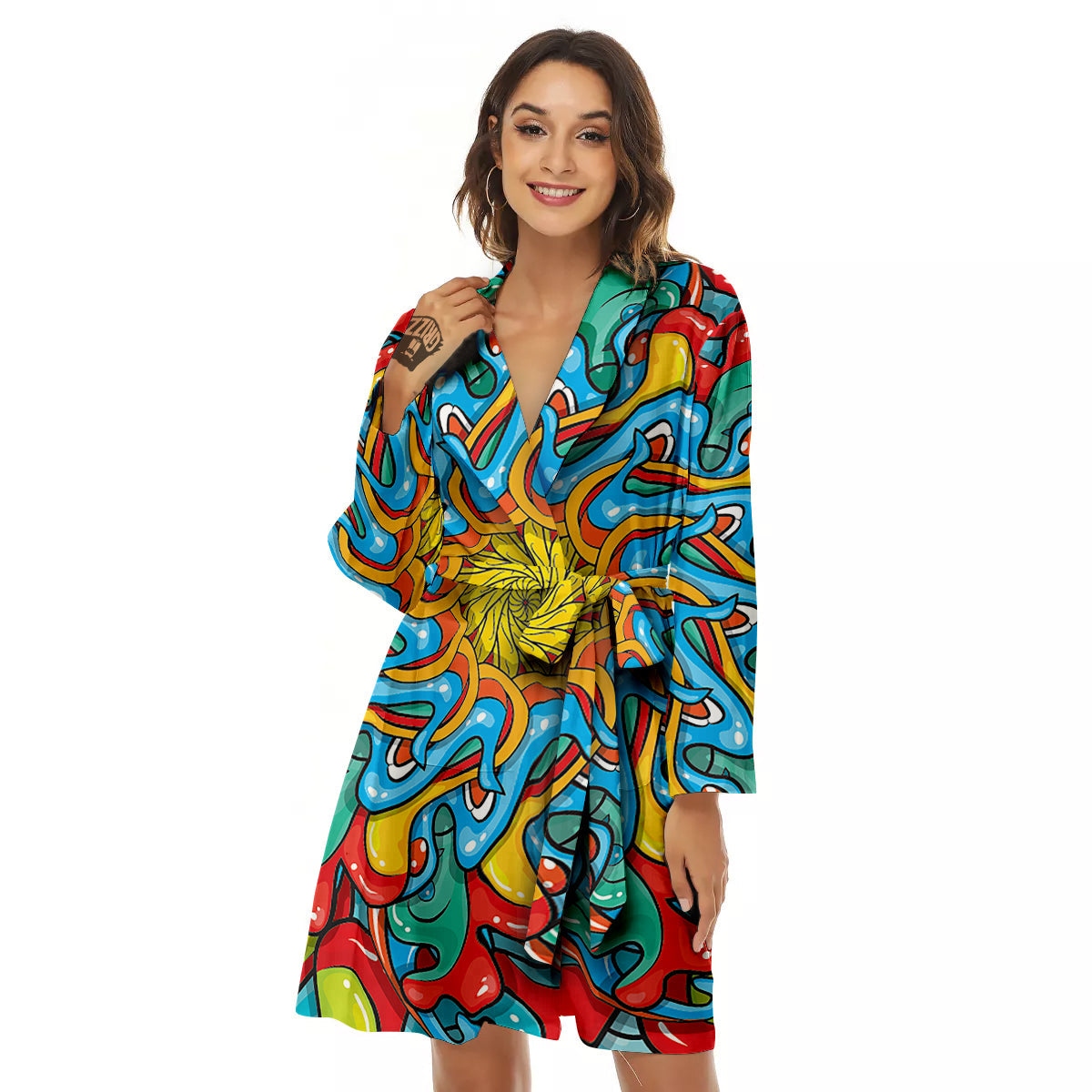 Multicolor Psychedelic Hippie Print Women's Robe-grizzshop