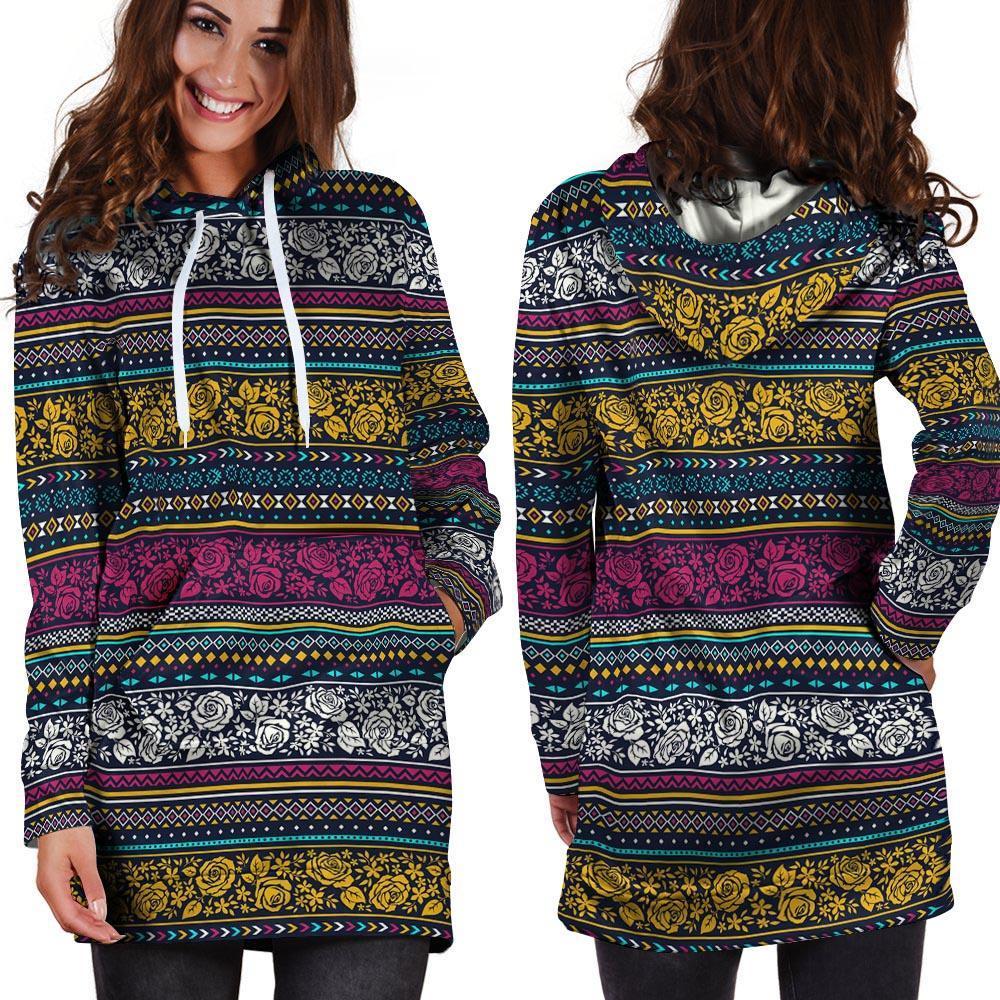 Multicolor Rose Floral Abstract Tribal Aztec Hoodie Dress-grizzshop