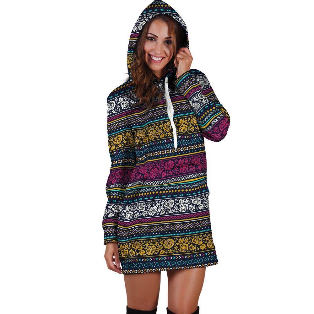 Multicolor Rose Floral Abstract Tribal Aztec Hoodie Dress-grizzshop