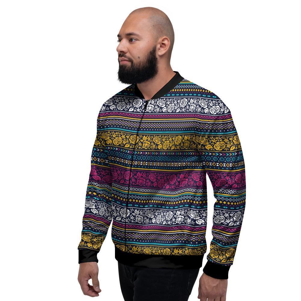 Multicolor Rose Floral Abstract Tribal Aztec Men's Bomber Jacket-grizzshop