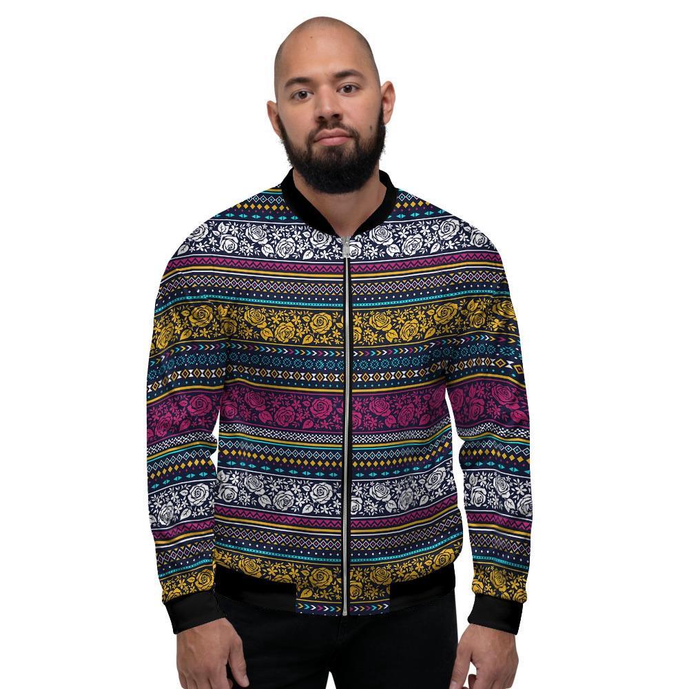 Multicolor Rose Floral Abstract Tribal Aztec Men's Bomber Jacket-grizzshop