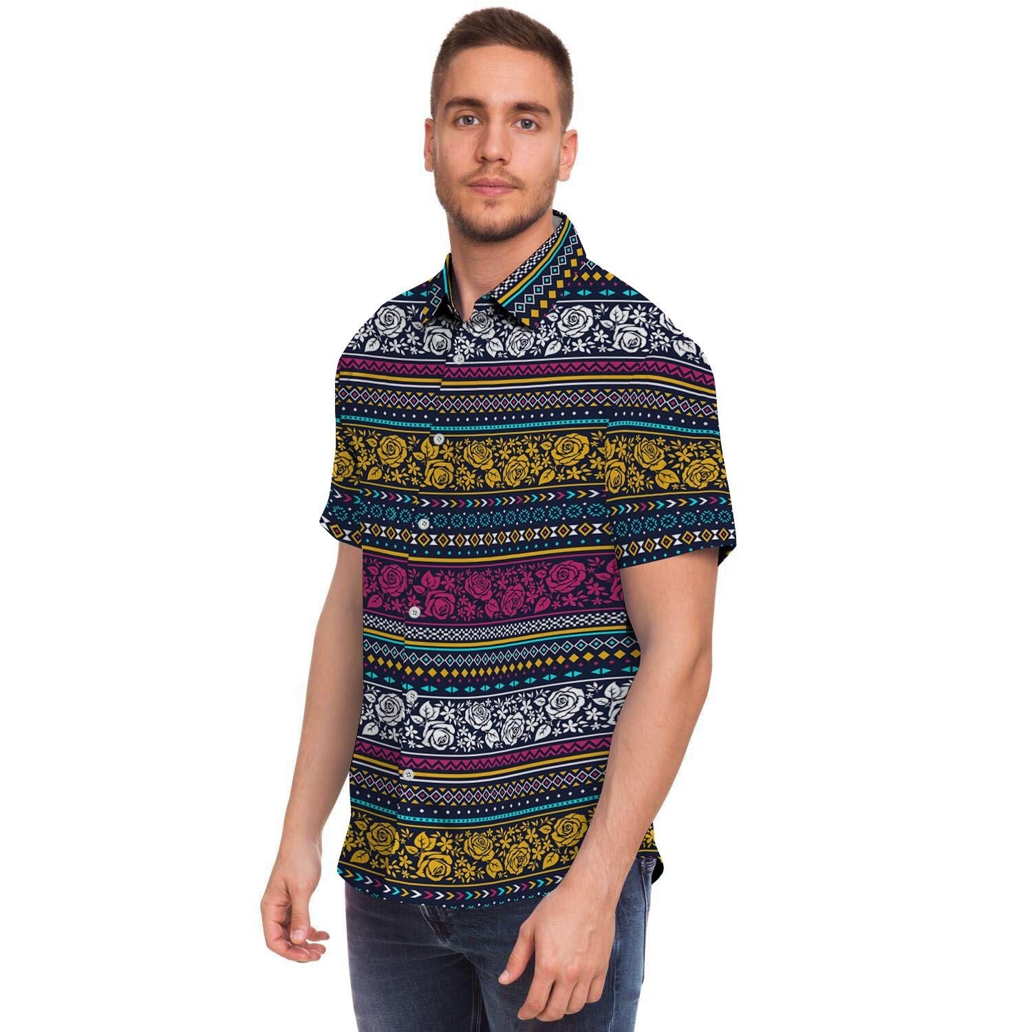 Multicolor Rose Floral Abstract Tribal Aztec Men's Short Sleeve Shirt-grizzshop