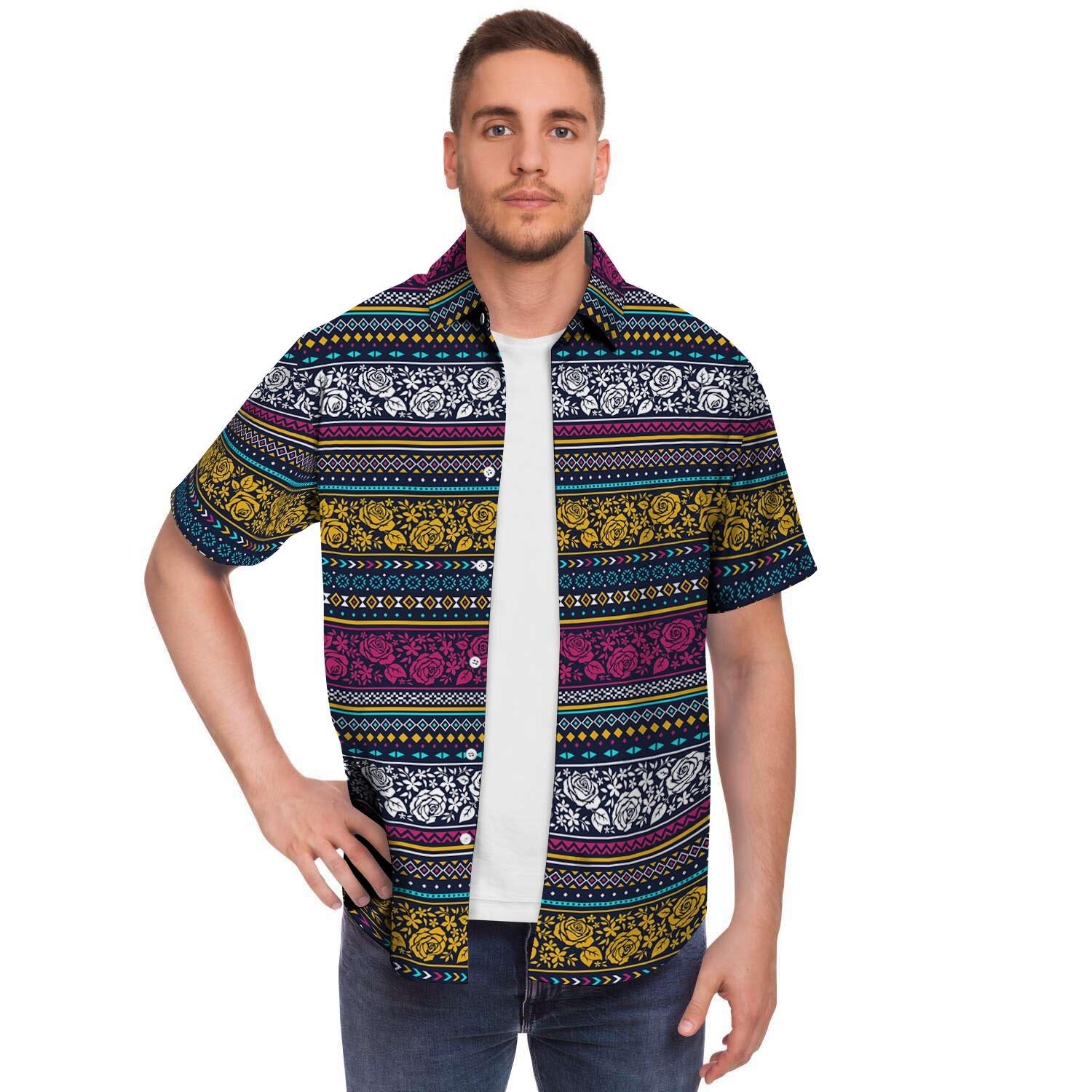 Multicolor Rose Floral Abstract Tribal Aztec Men's Short Sleeve Shirt-grizzshop