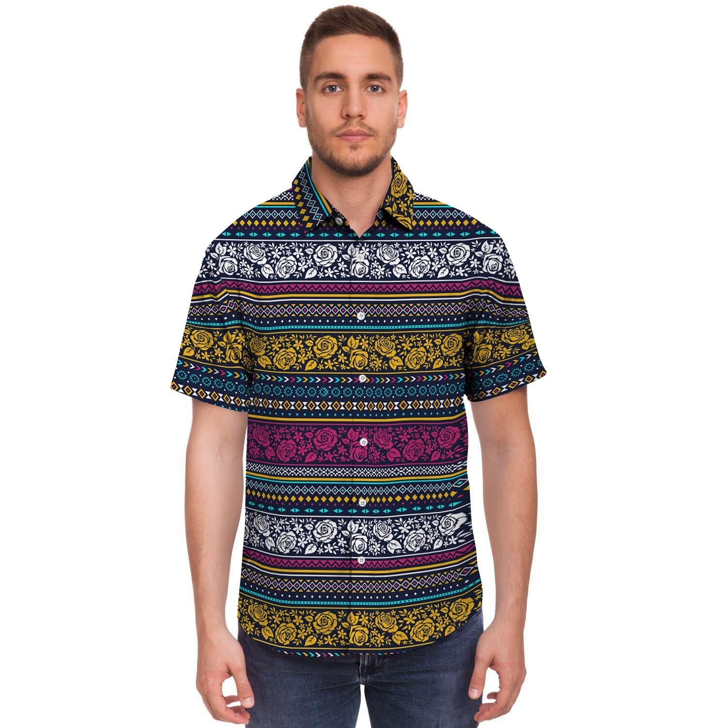 Multicolor Rose Floral Abstract Tribal Aztec Men's Short Sleeve Shirt-grizzshop