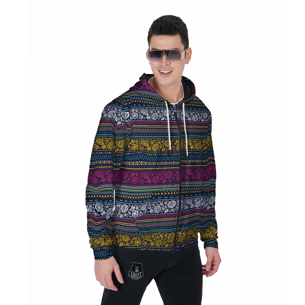 Multicolor Rose Floral Abstract Tribal Aztec Men's Zip Up Hoodie-grizzshop