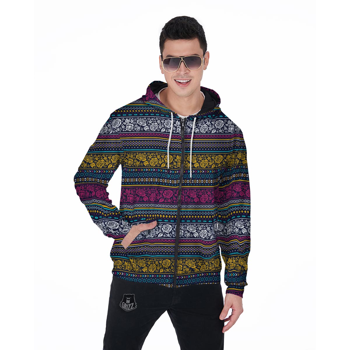 Multicolor Rose Floral Abstract Tribal Aztec Men's Zip Up Hoodie-grizzshop
