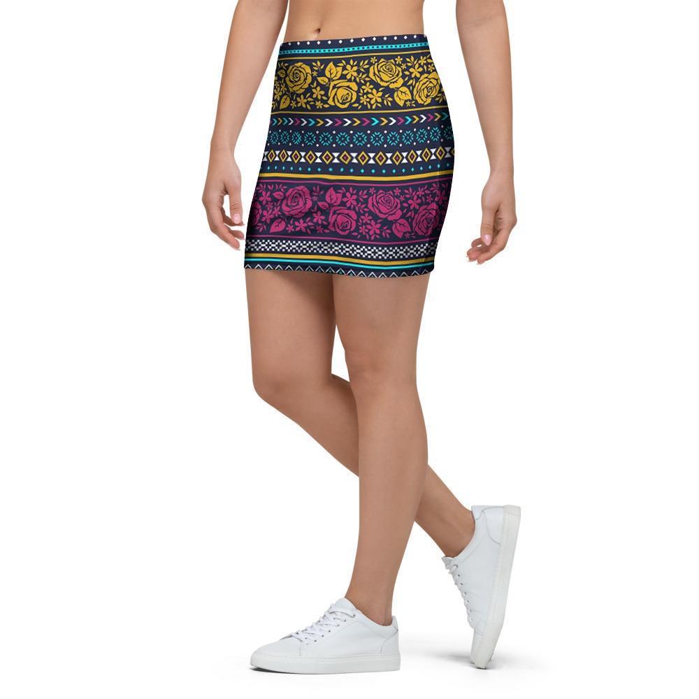 Multicolor Rose Floral Abstract Tribal Aztec Mini Skirt-grizzshop