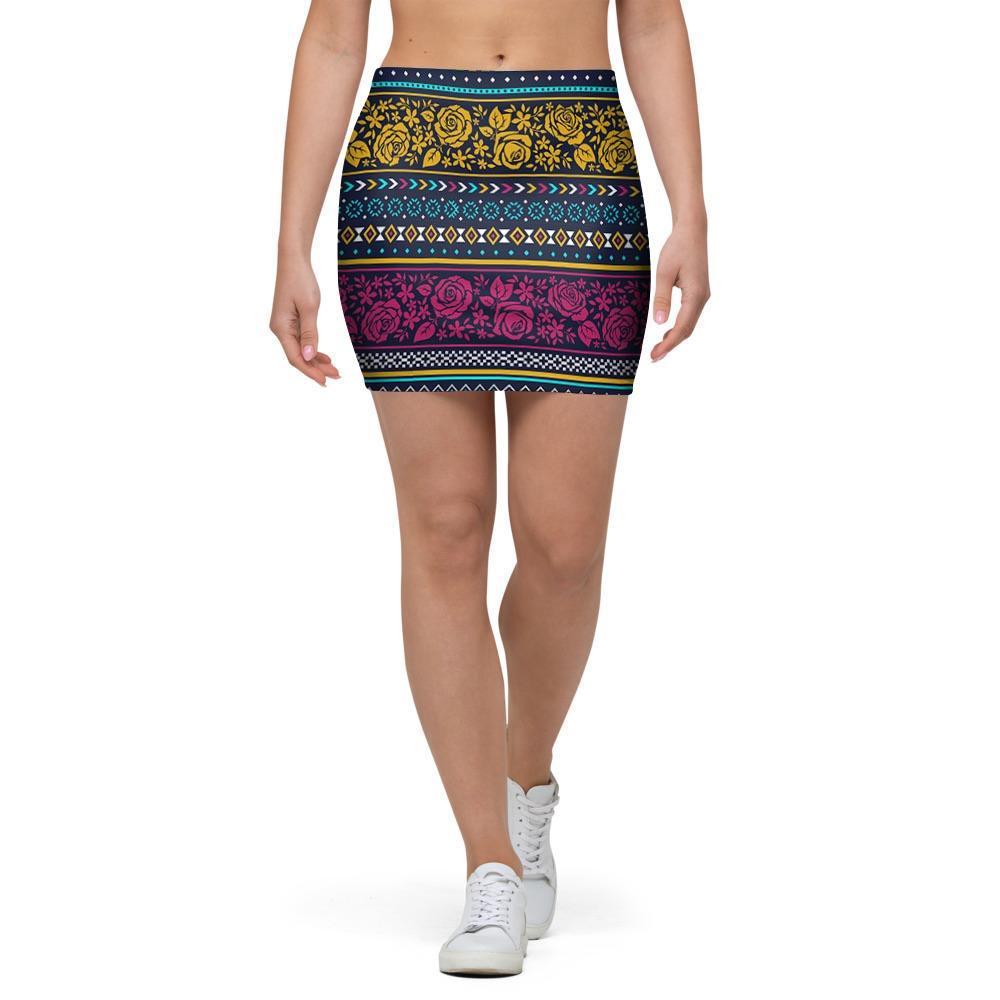 Multicolor Rose Floral Abstract Tribal Aztec Mini Skirt-grizzshop