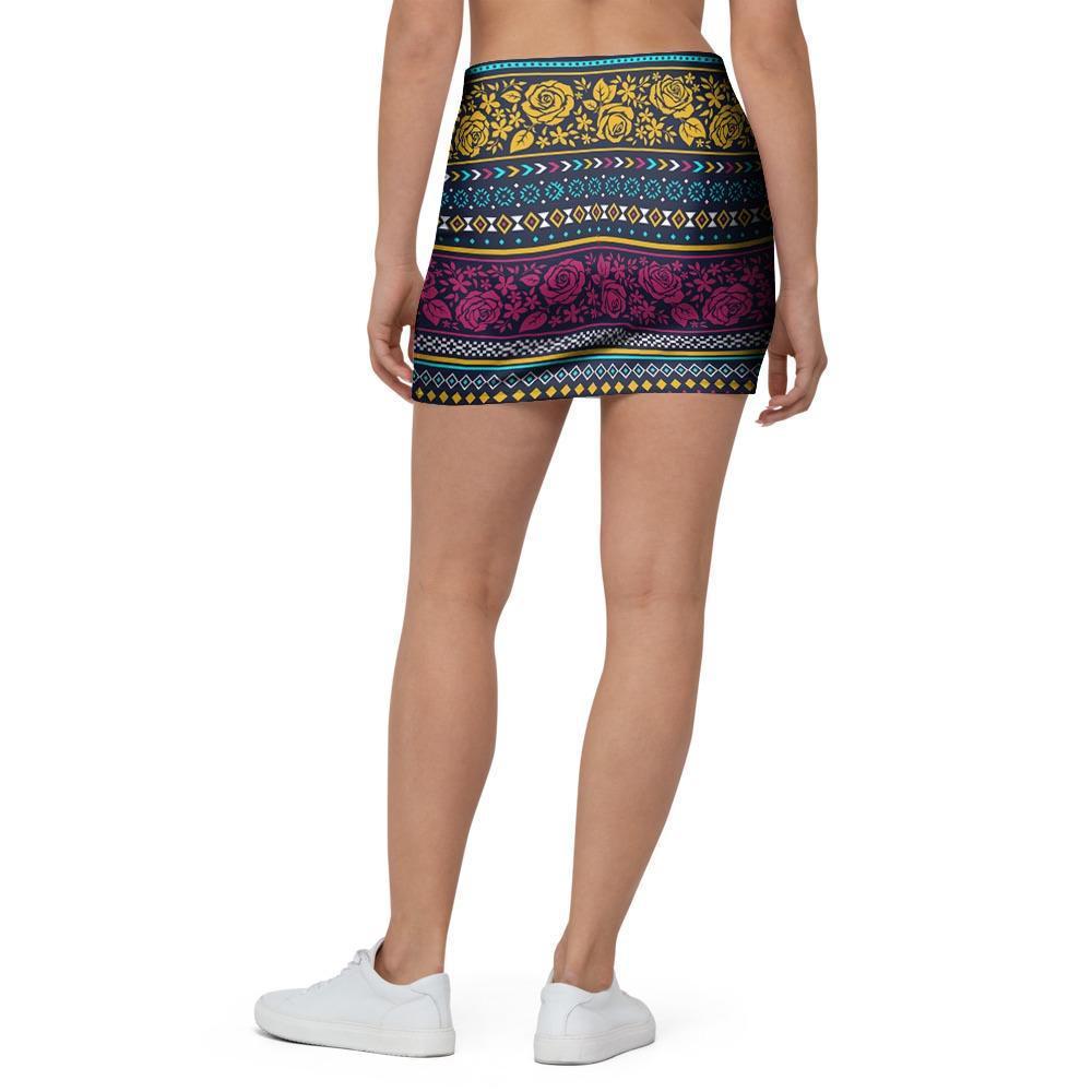 Multicolor Rose Floral Abstract Tribal Aztec Mini Skirt-grizzshop