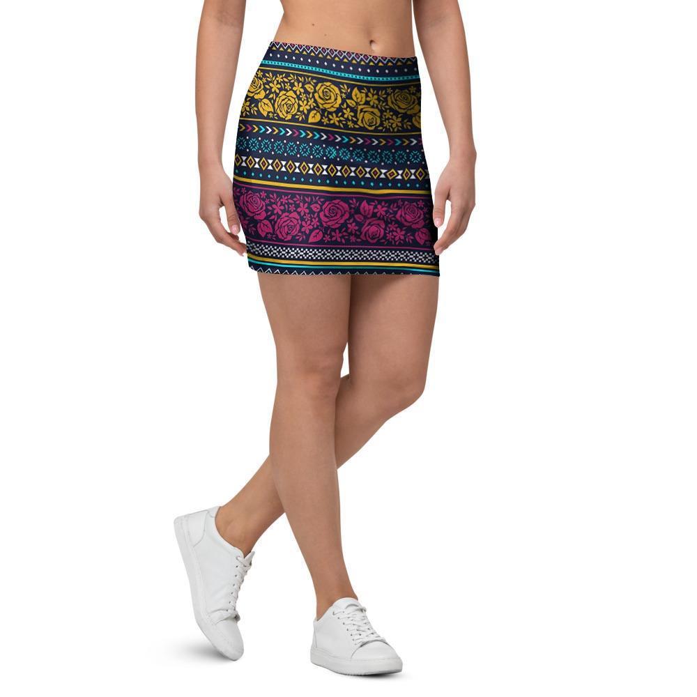 Multicolor Rose Floral Abstract Tribal Aztec Mini Skirt-grizzshop