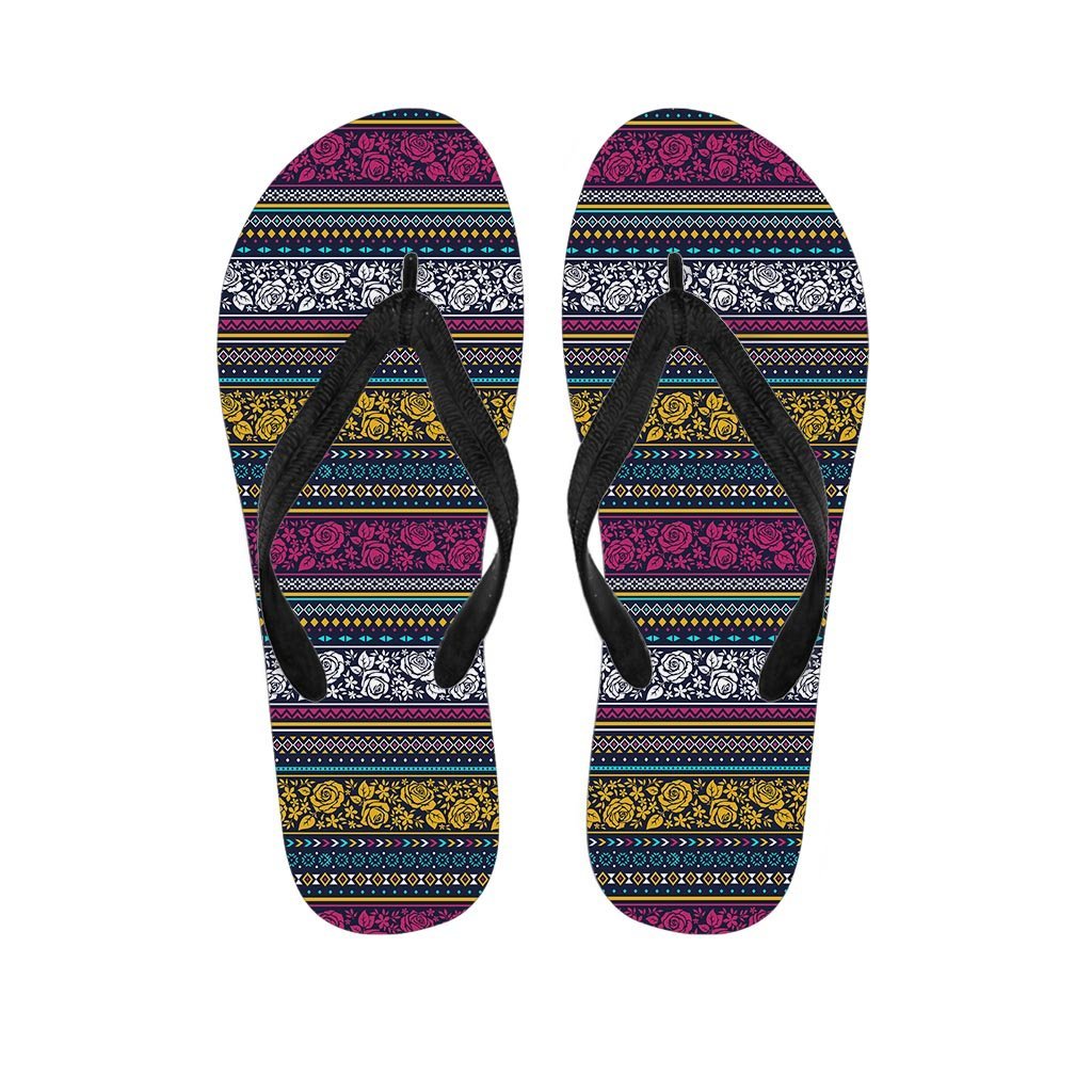 Multicolor Rose Floral Abstract Tribal Aztec Women's Flip Flops-grizzshop