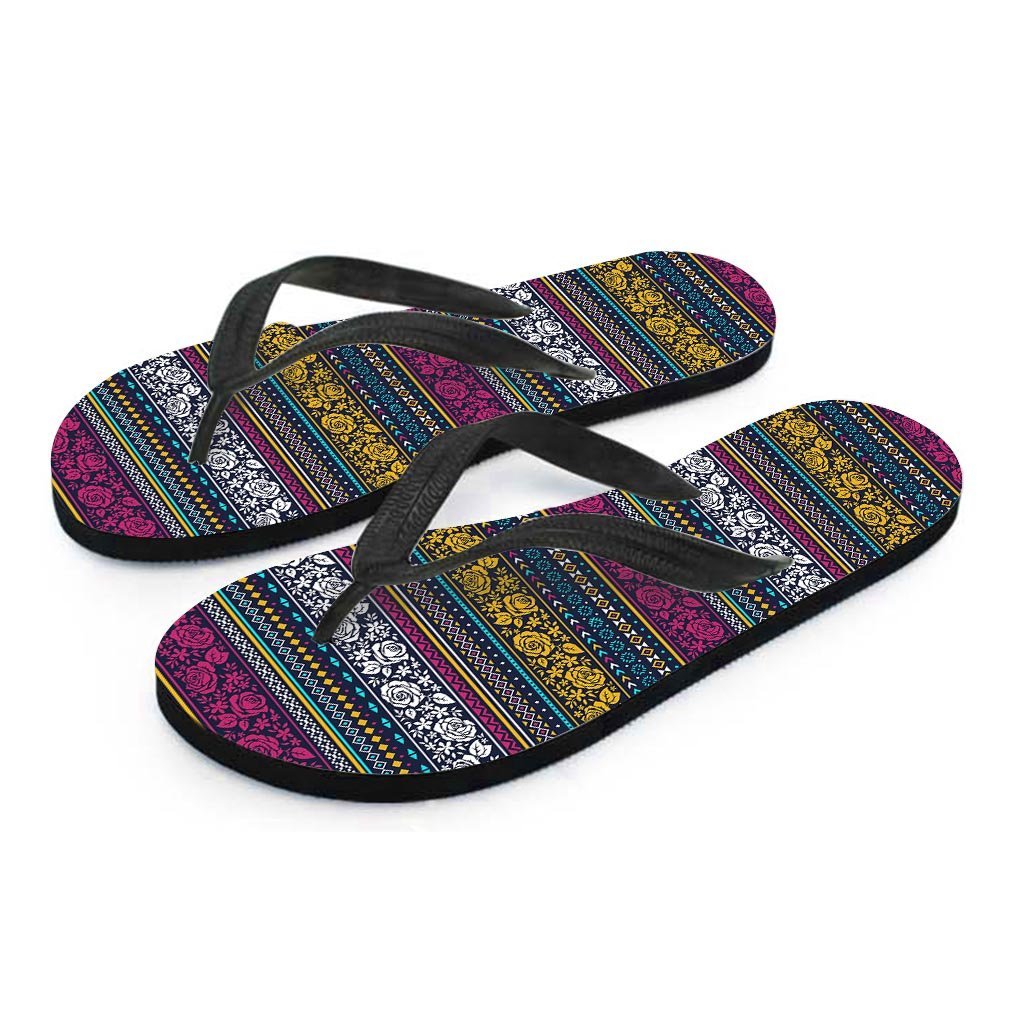 Multicolor Rose Floral Abstract Tribal Aztec Women's Flip Flops-grizzshop