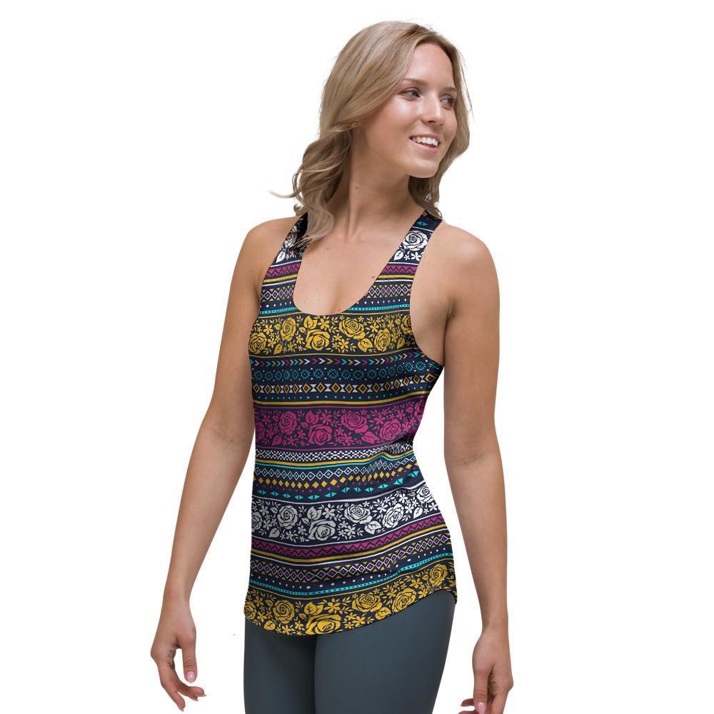Multicolor Rose Floral Abstract Tribal Aztec Women's Racerback Tank Top-grizzshop