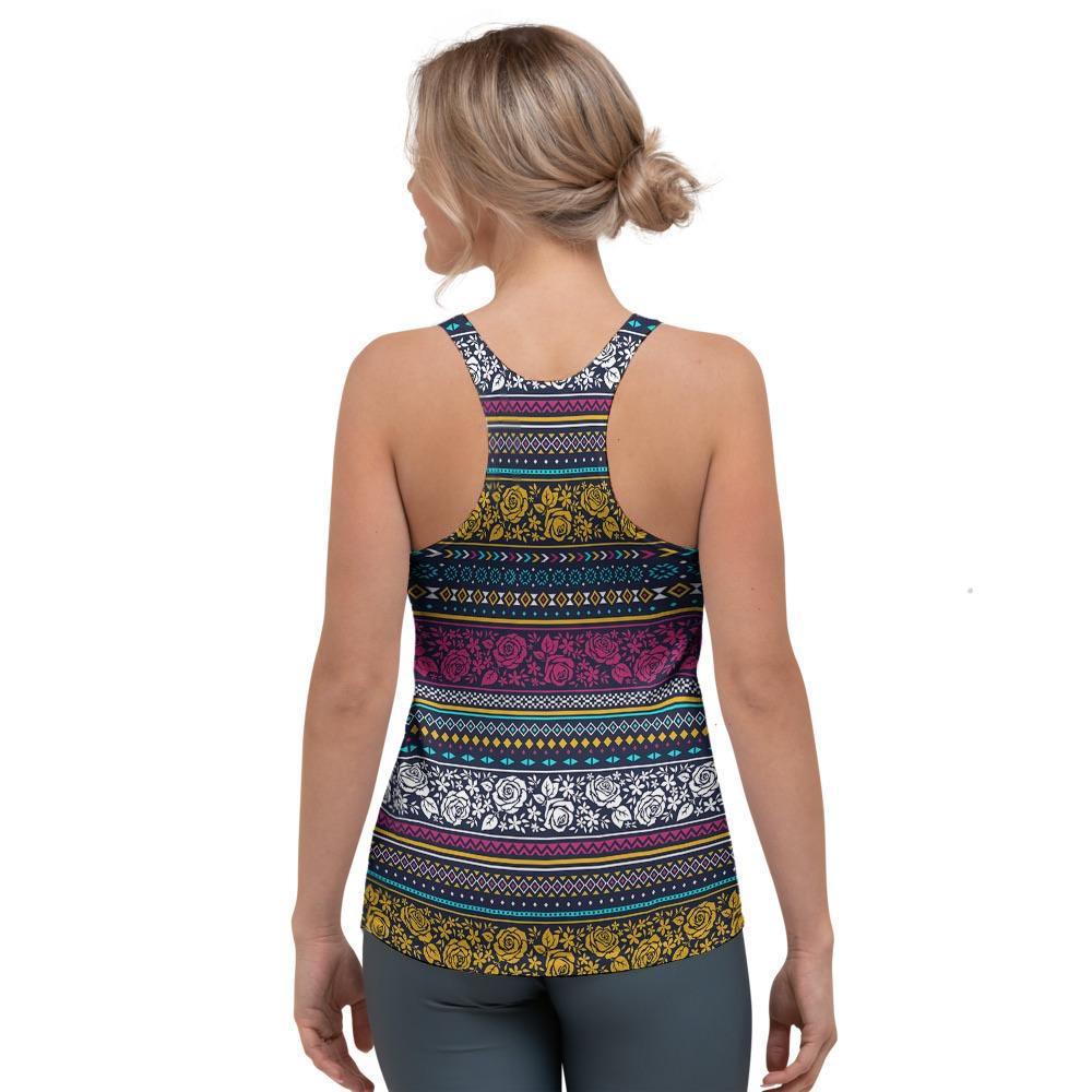 Multicolor Rose Floral Abstract Tribal Aztec Women's Racerback Tank Top-grizzshop