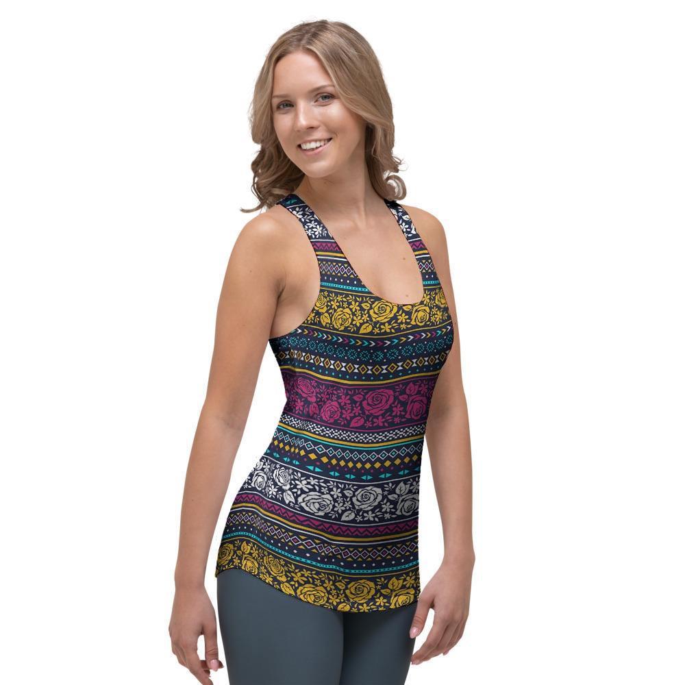 Multicolor Rose Floral Abstract Tribal Aztec Women's Racerback Tank Top-grizzshop