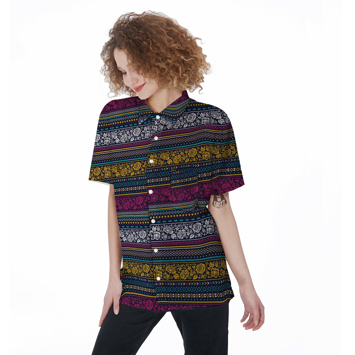 Multicolor Rose Floral Abstract Tribal Aztec Women's Short Sleeve Shirts-grizzshop