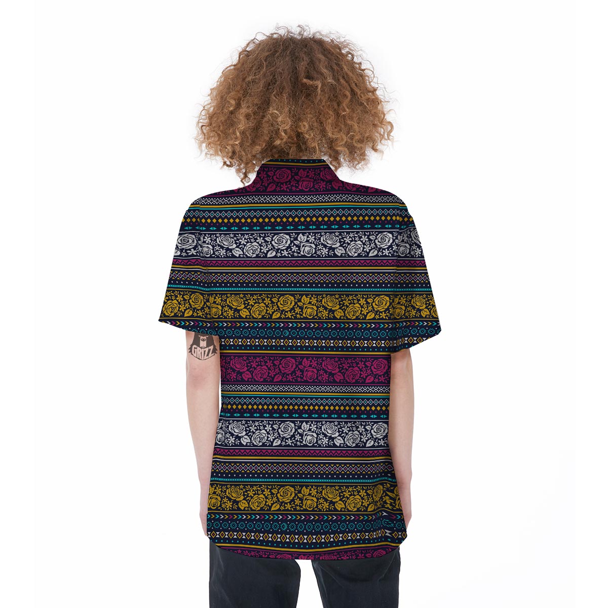 Multicolor Rose Floral Abstract Tribal Aztec Women's Short Sleeve Shirts-grizzshop