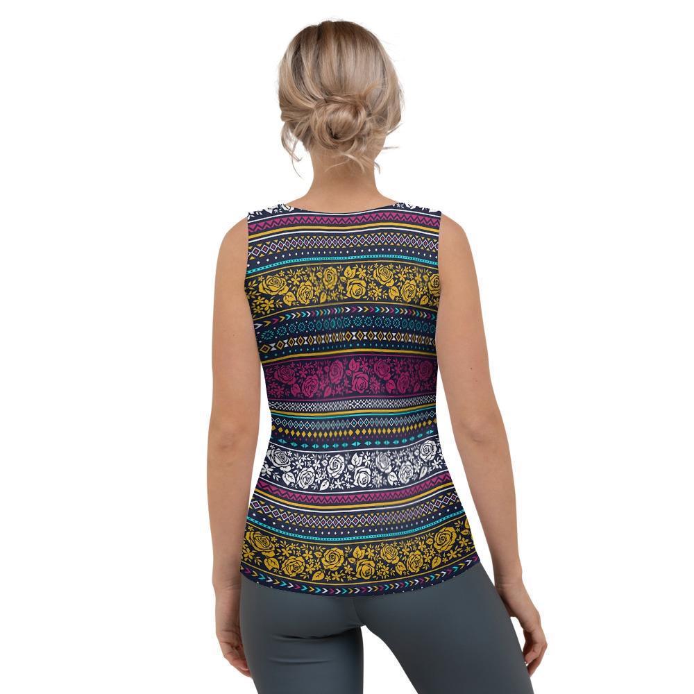 Multicolor Rose Floral Abstract Tribal Aztec Women's Tank Top-grizzshop
