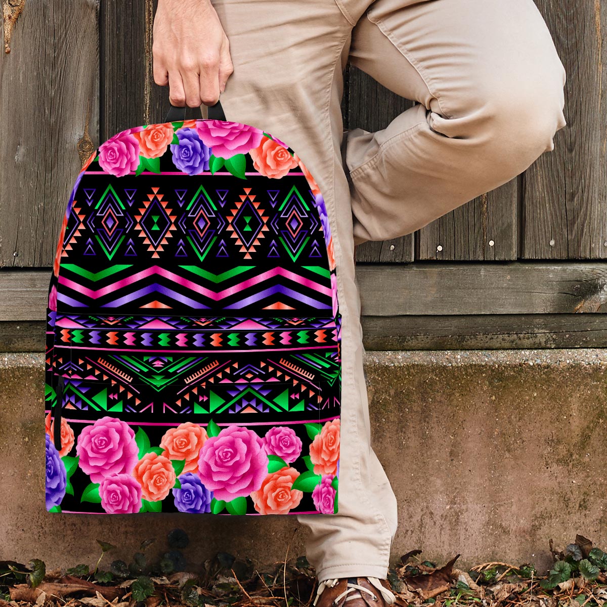 Multicolor Roses Ethnic Tribal Aztec Backpack-grizzshop