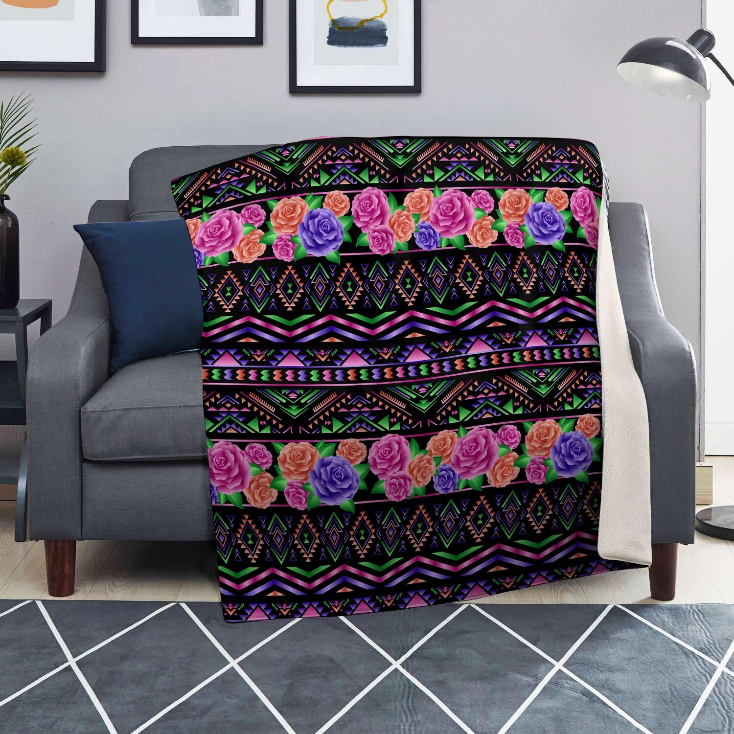 Multicolor Roses Ethnic Tribal Aztec Blanket-grizzshop