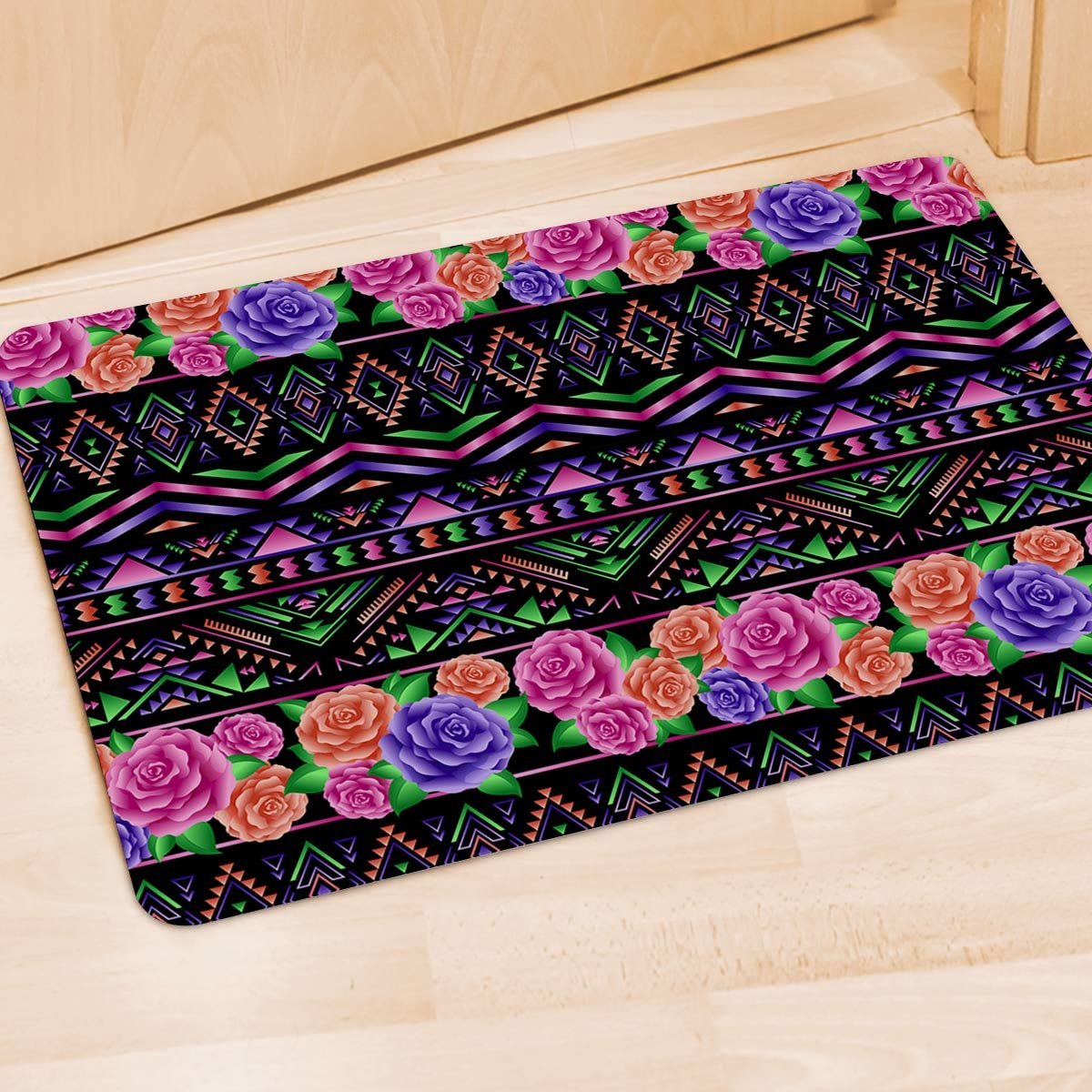 Multicolor Roses Ethnic Tribal Aztec Door Mat-grizzshop
