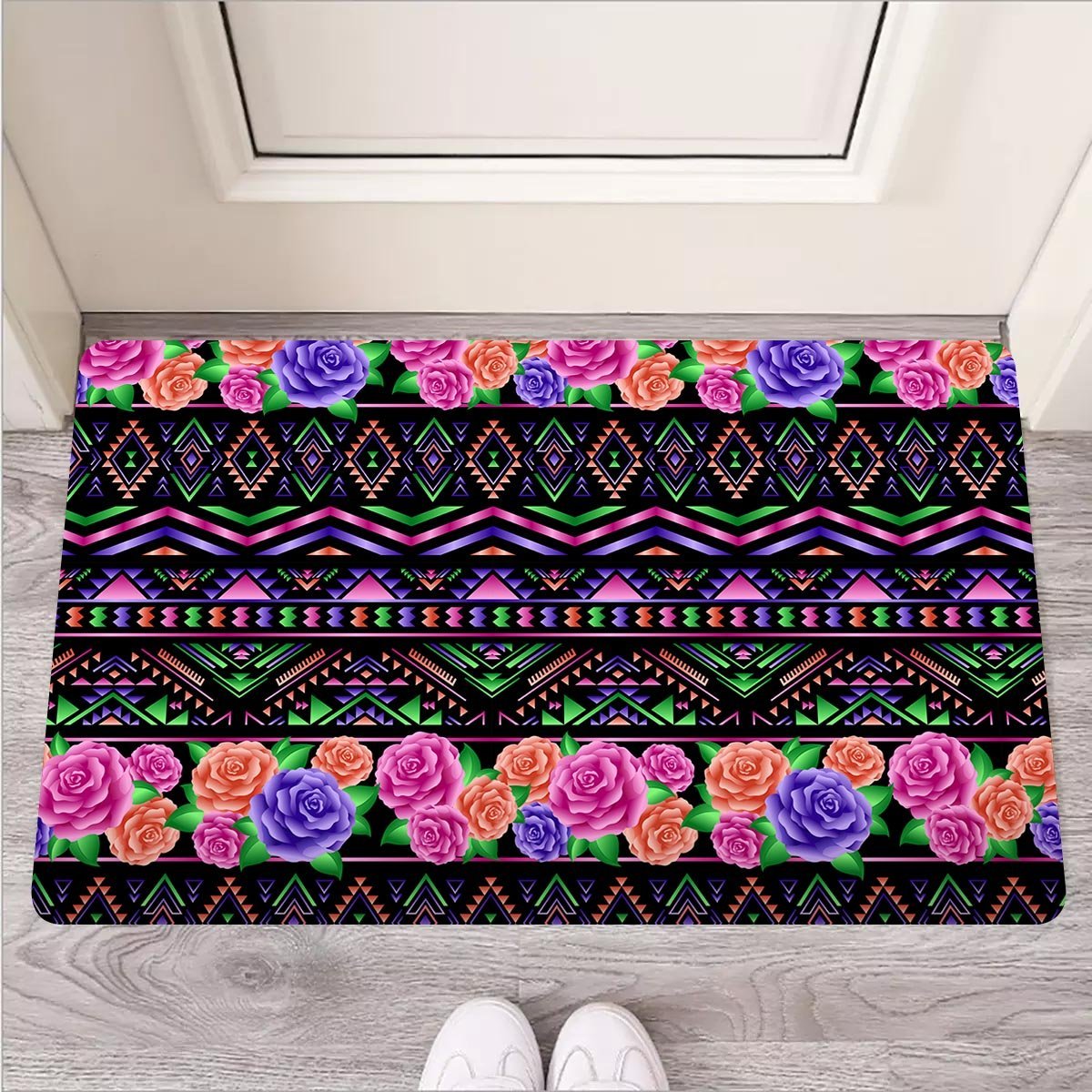 Multicolor Roses Ethnic Tribal Aztec Door Mat-grizzshop