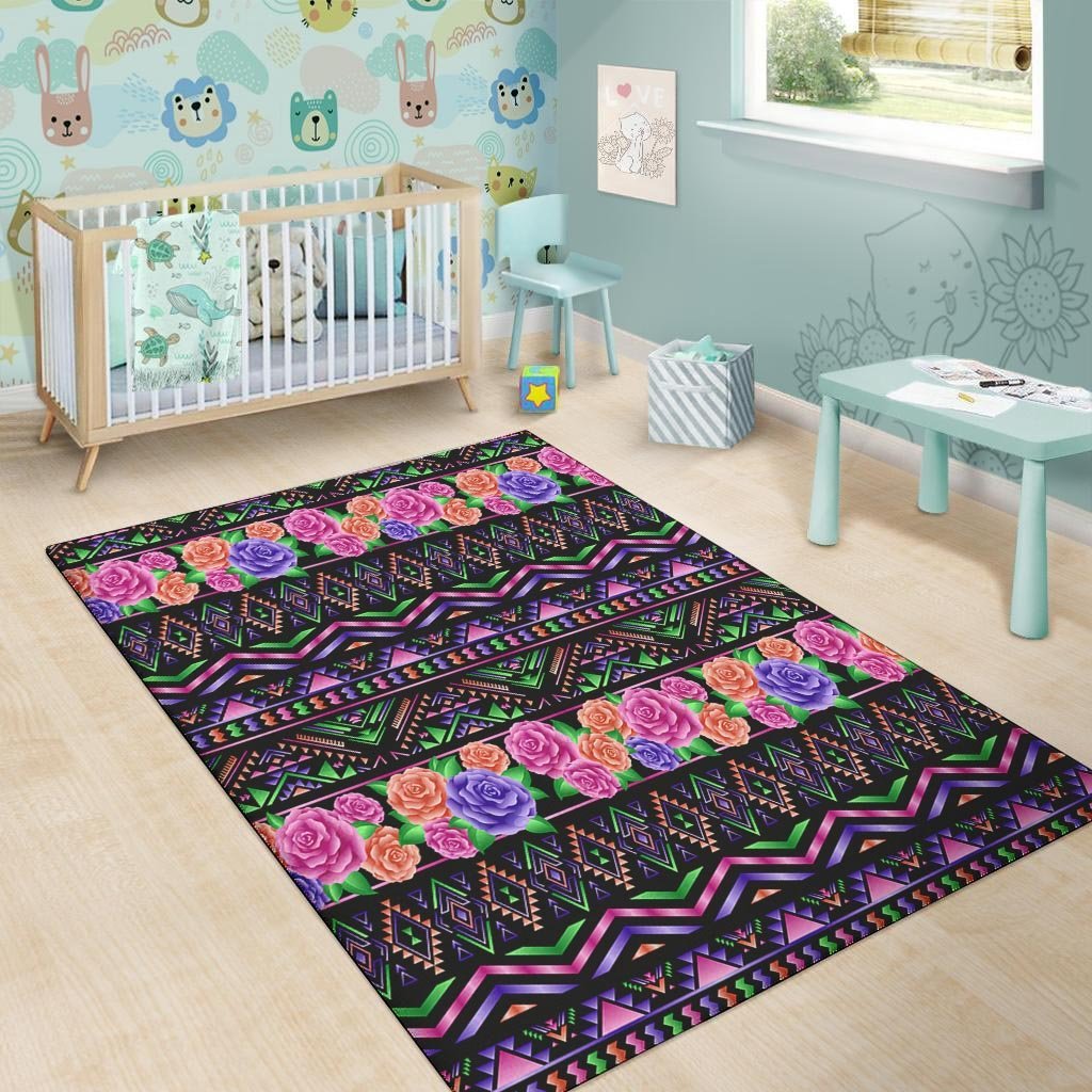 Multicolor Roses Ethnic Tribal Aztec Floor Mat-grizzshop