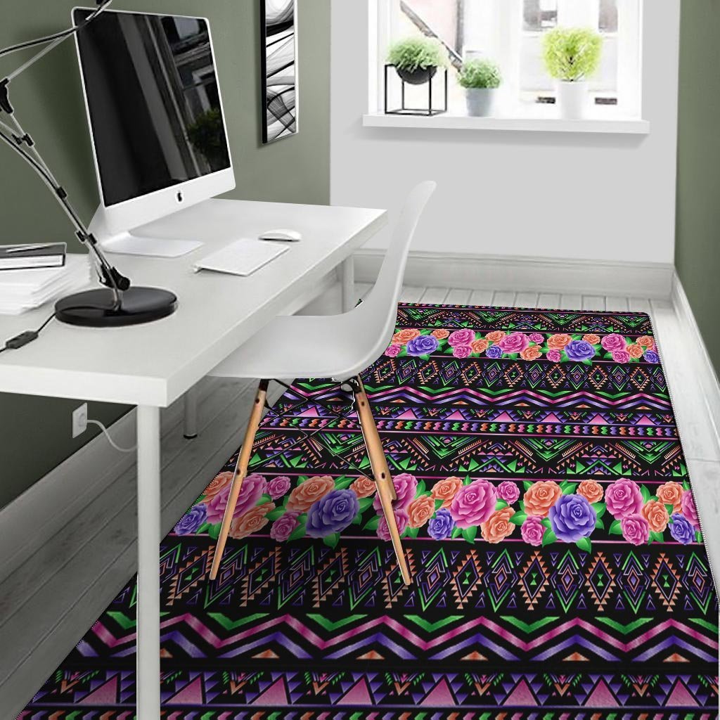 Multicolor Roses Ethnic Tribal Aztec Floor Mat-grizzshop