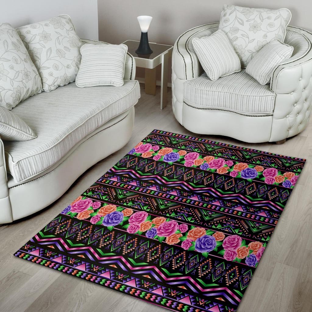 Multicolor Roses Ethnic Tribal Aztec Floor Mat-grizzshop