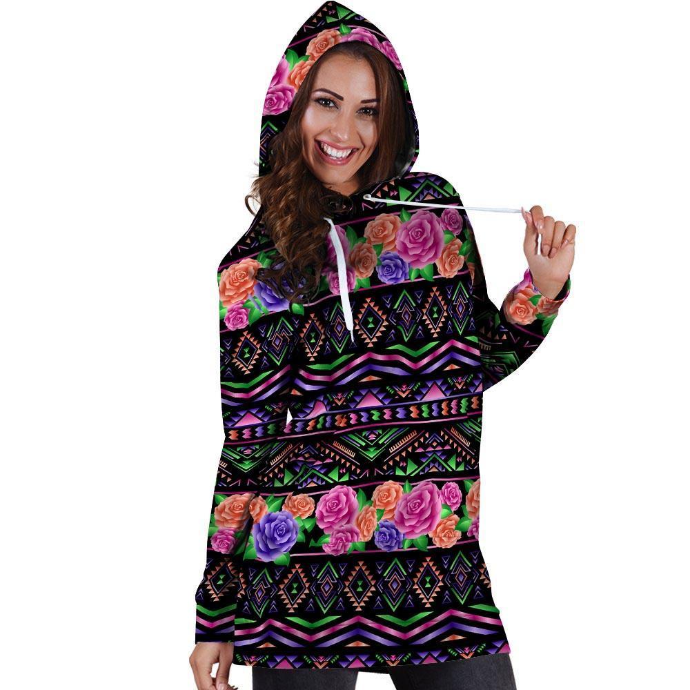 Multicolor Roses Ethnic Tribal Aztec Hoodie Dress-grizzshop