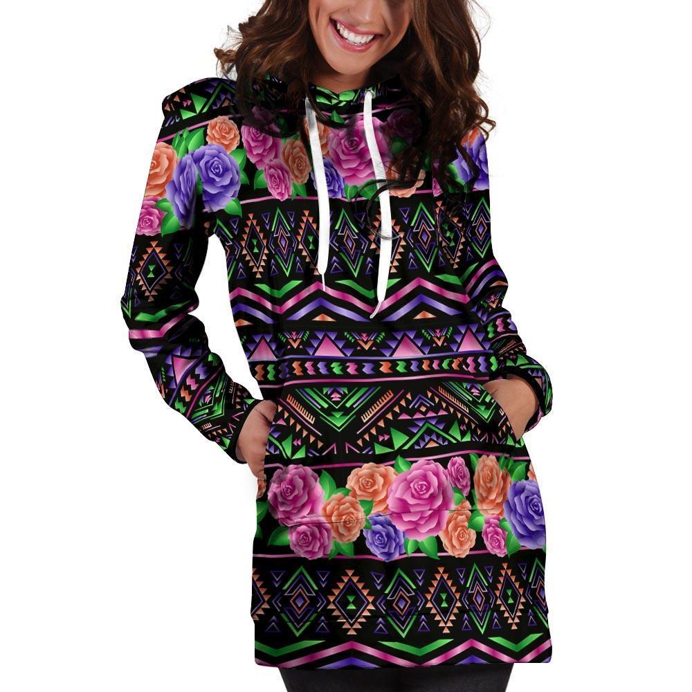Multicolor Roses Ethnic Tribal Aztec Hoodie Dress-grizzshop